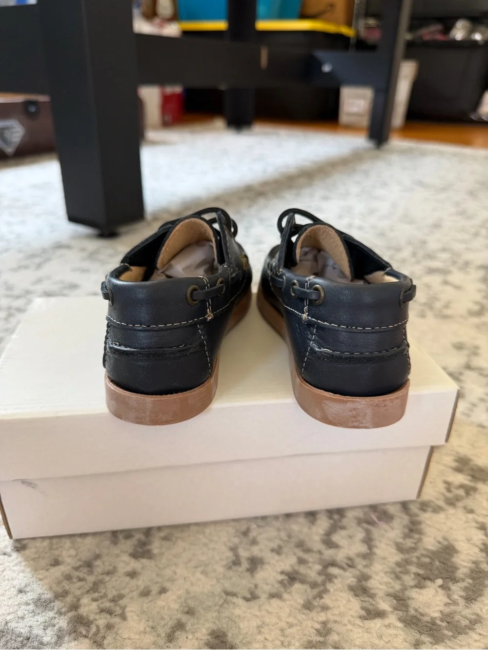 Kids Navy Leather Boat Shoes with Tan Sole